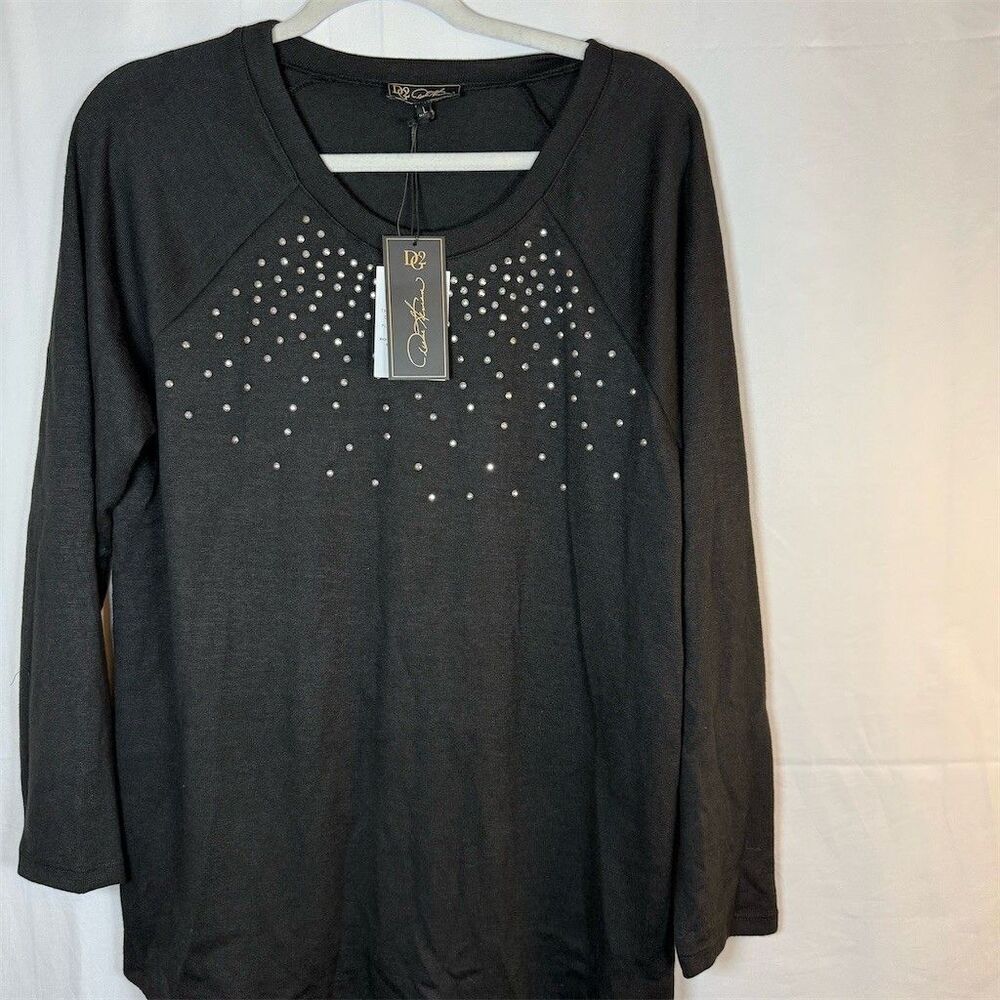 DG2 by Diane Gilman Top Womens L Black Studded Rhinestone Pullover Knit